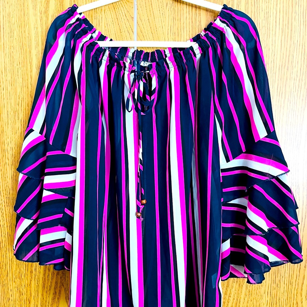 SPEED LIMIT - Pink, Black & White vertical striped blouse.
